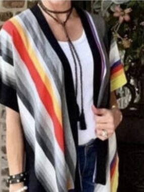 CAbi Multicolor Striped Open-Front Cape - Black, Gray, Red, Yellow, Purple